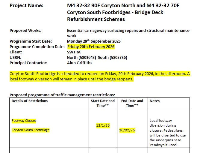 Coryton Footbridge due to reopen Feb 20th